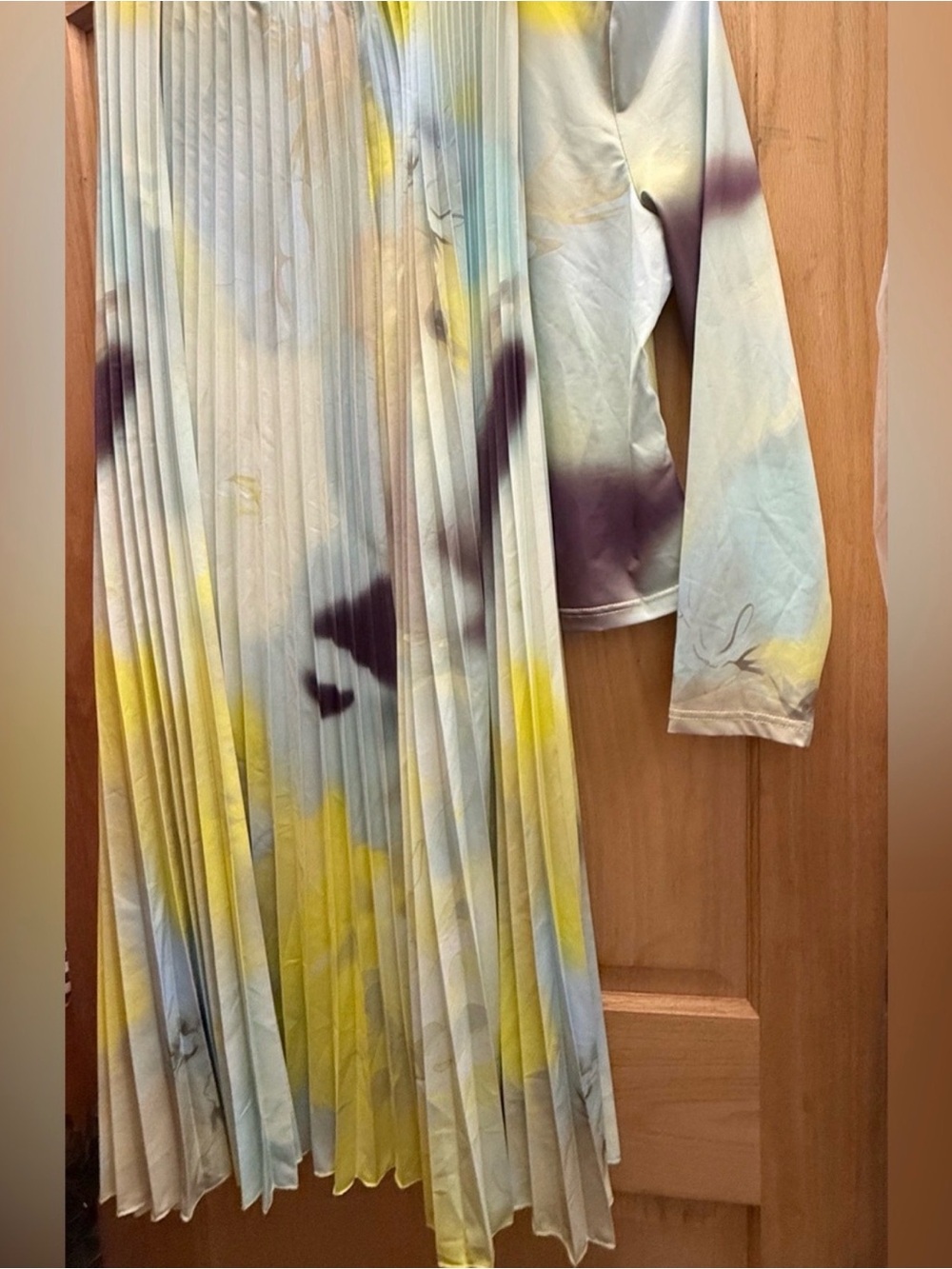 Pleated Watercolor Maxi Dress — Yellow, Light Blue, Purple - Picture 5 of 7